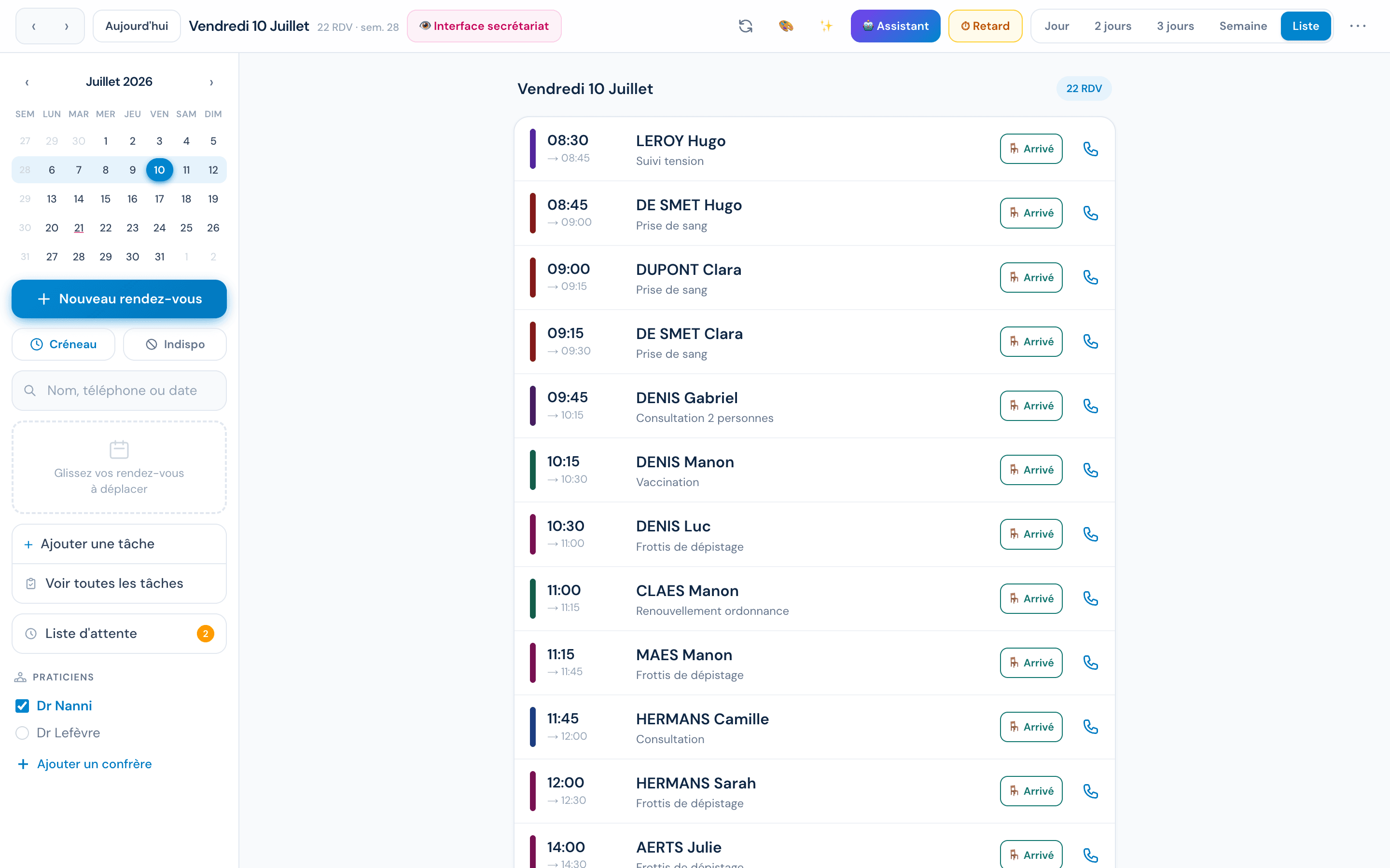 Agenda Pro CabIMed en vue liste avec données de démonstration anonymisées