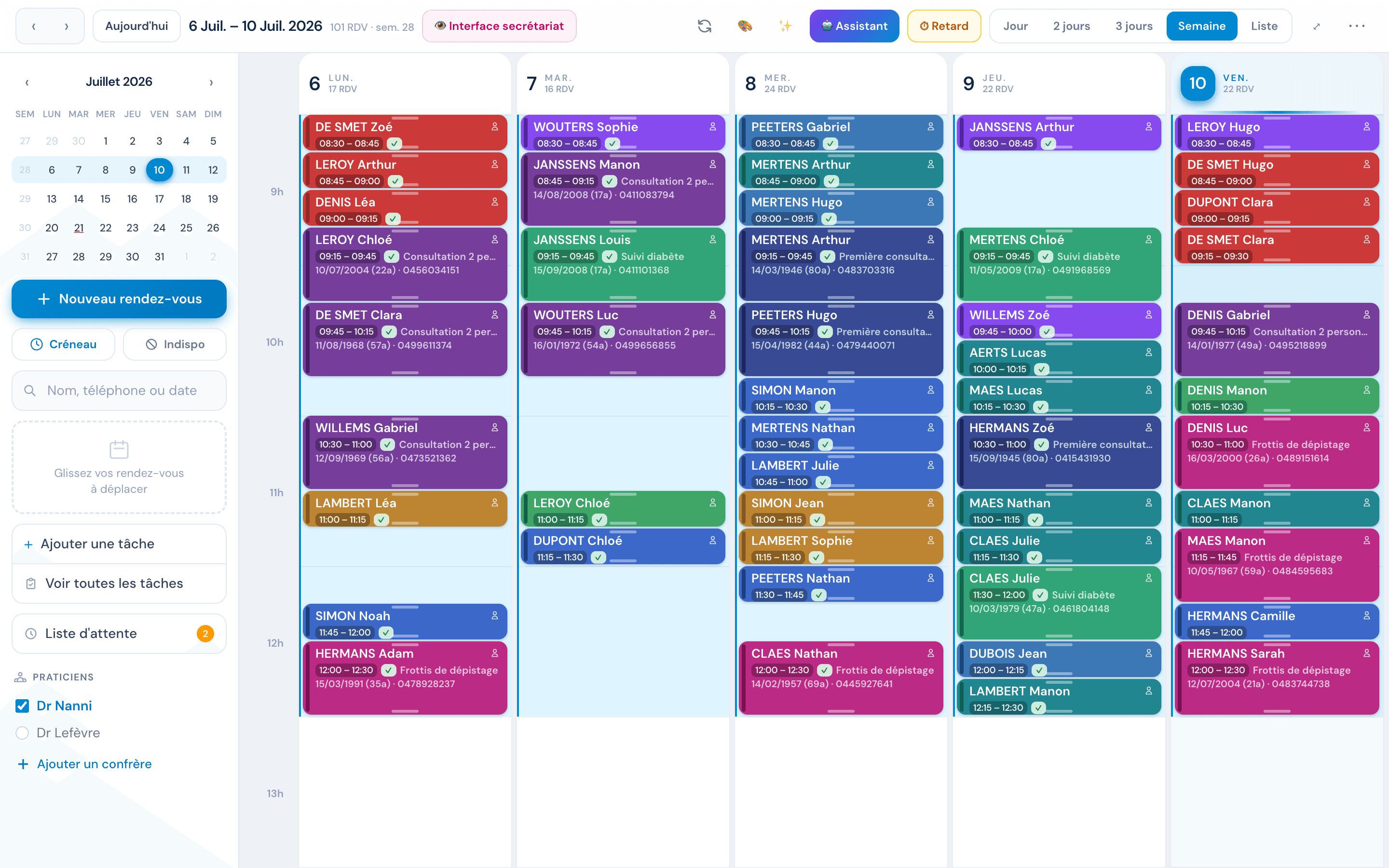 Agenda Pro CabIMed en vue semaine avec données de démonstration anonymisées